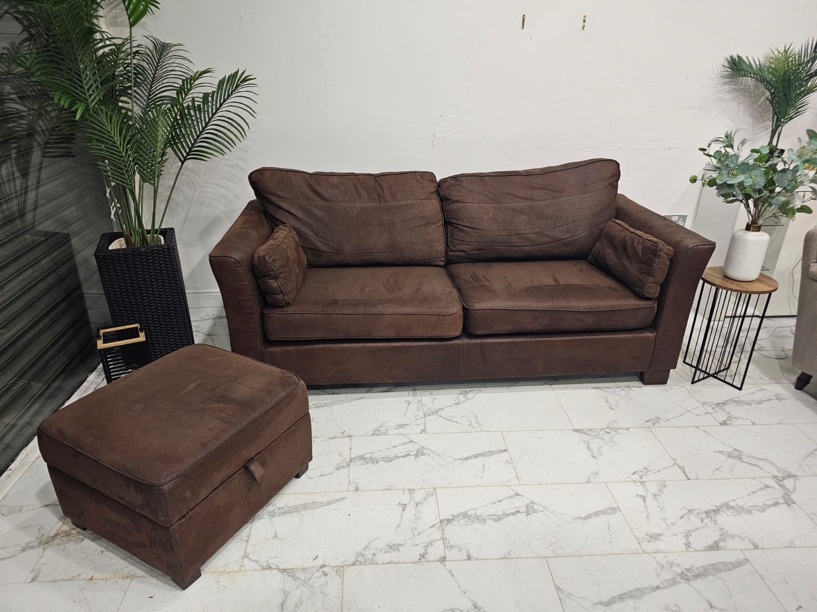 Furniture Village 3 Seater Sofa in Nubuck Suede & Ottoman