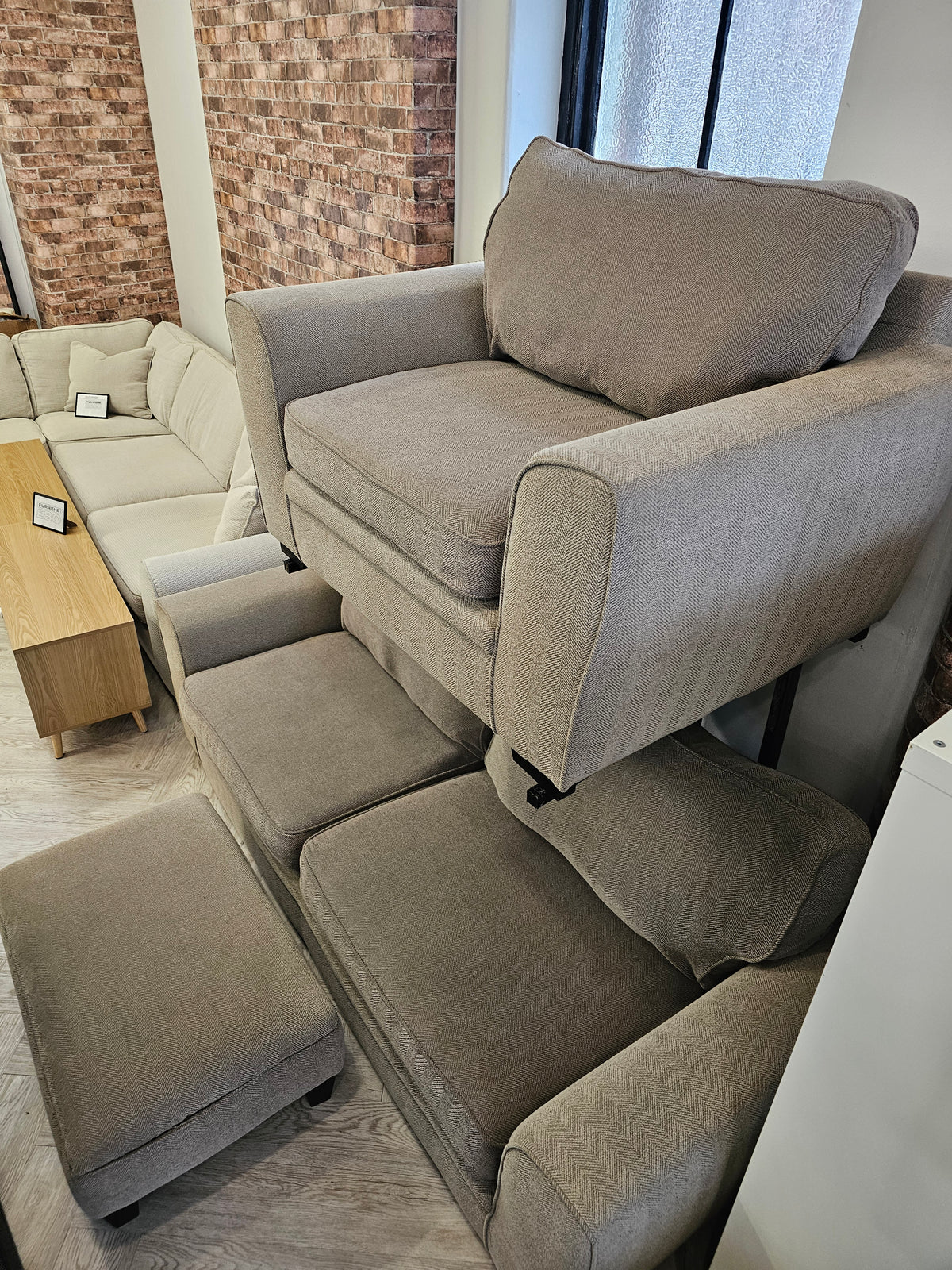 CLEARANCE Sofology Chalfont 3 Seater Sofa, Chair & Footstool in Beige/Taupe @