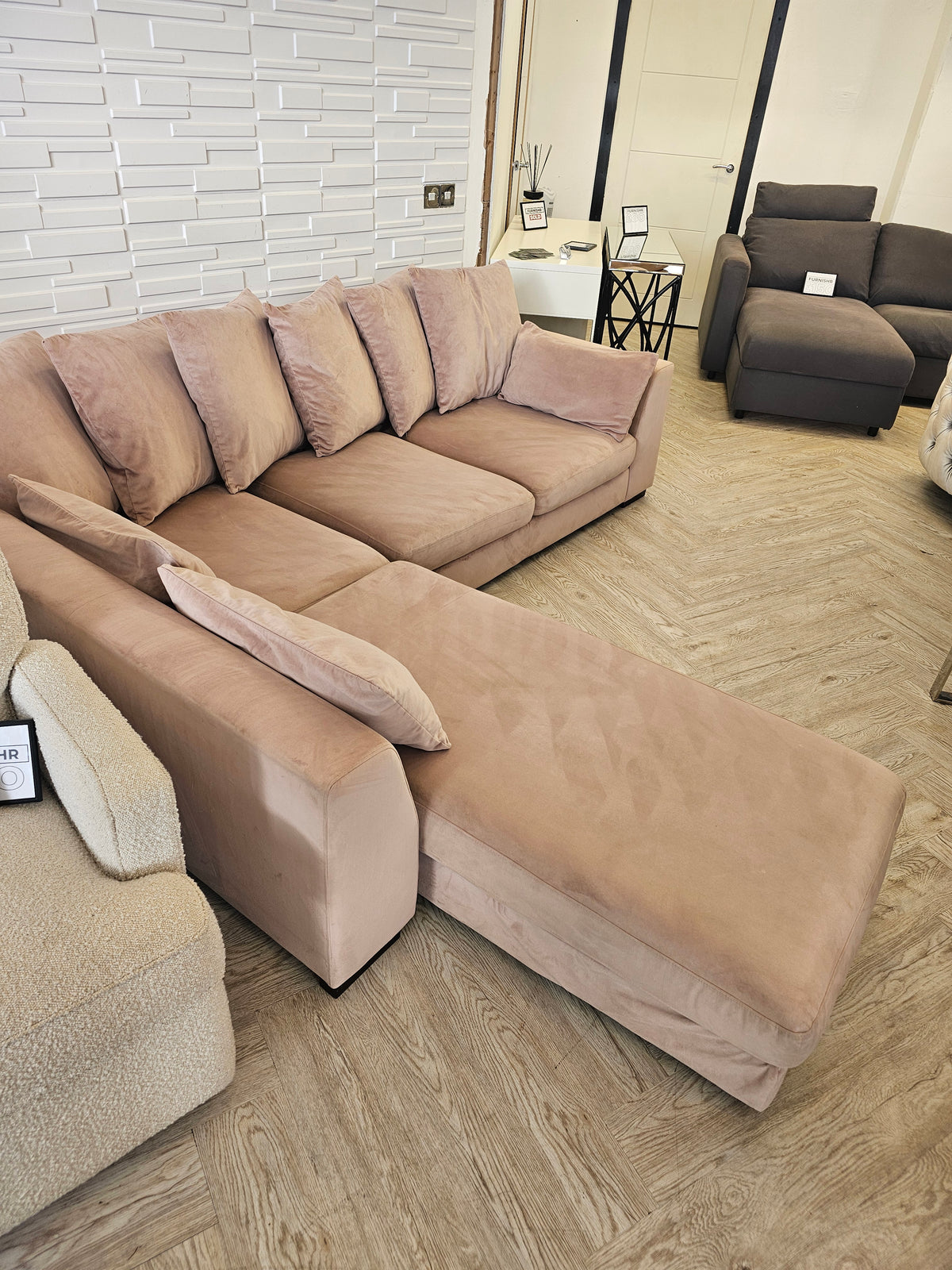 DFS SPINN Swivel Sofa Bed/ Corner Chaise in Blush Plush Pink Fabric @