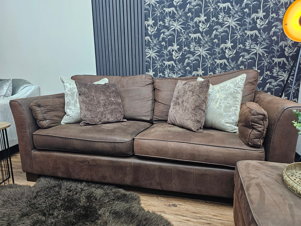 Furniture Village Nubuck Leather 3 Seater Sofa & Ottoman Footstool