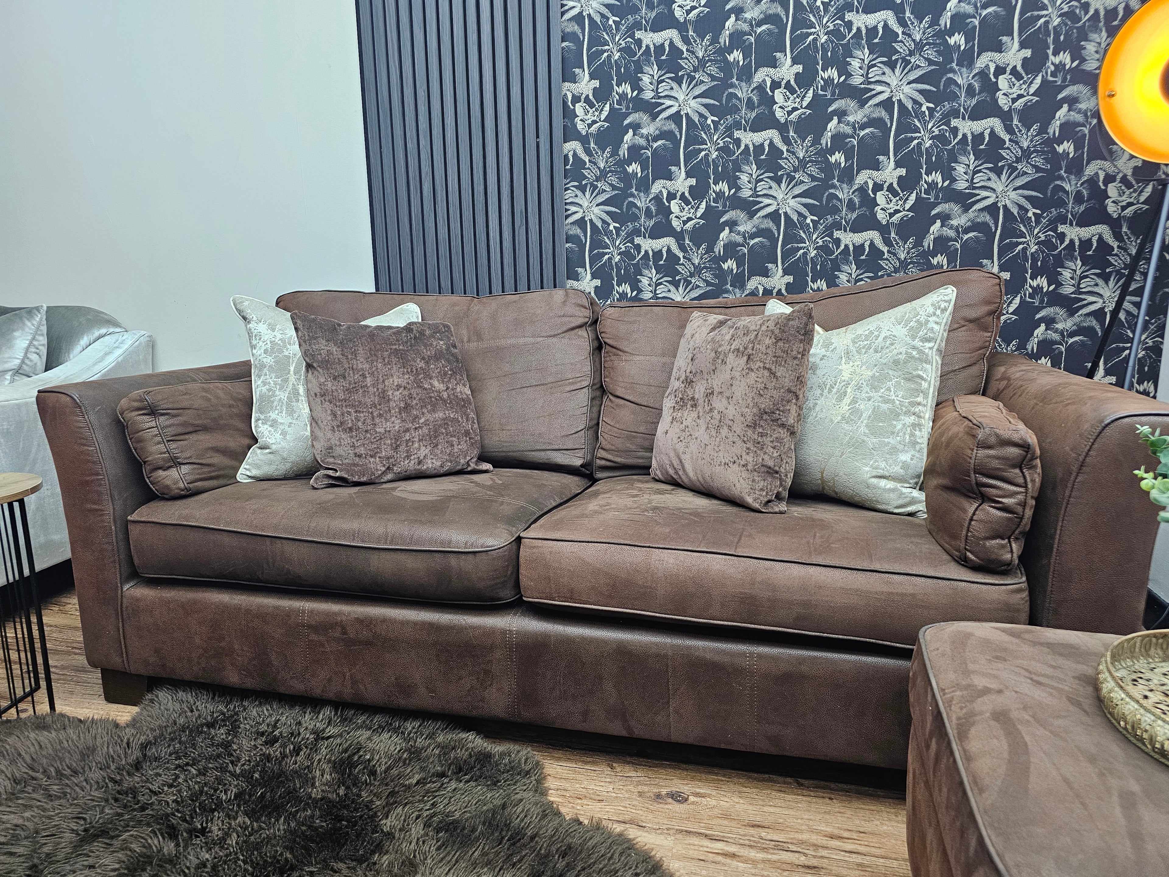 Furniture Village Nubuck Leather 3 Seater Sofa & Ottoman Footstool