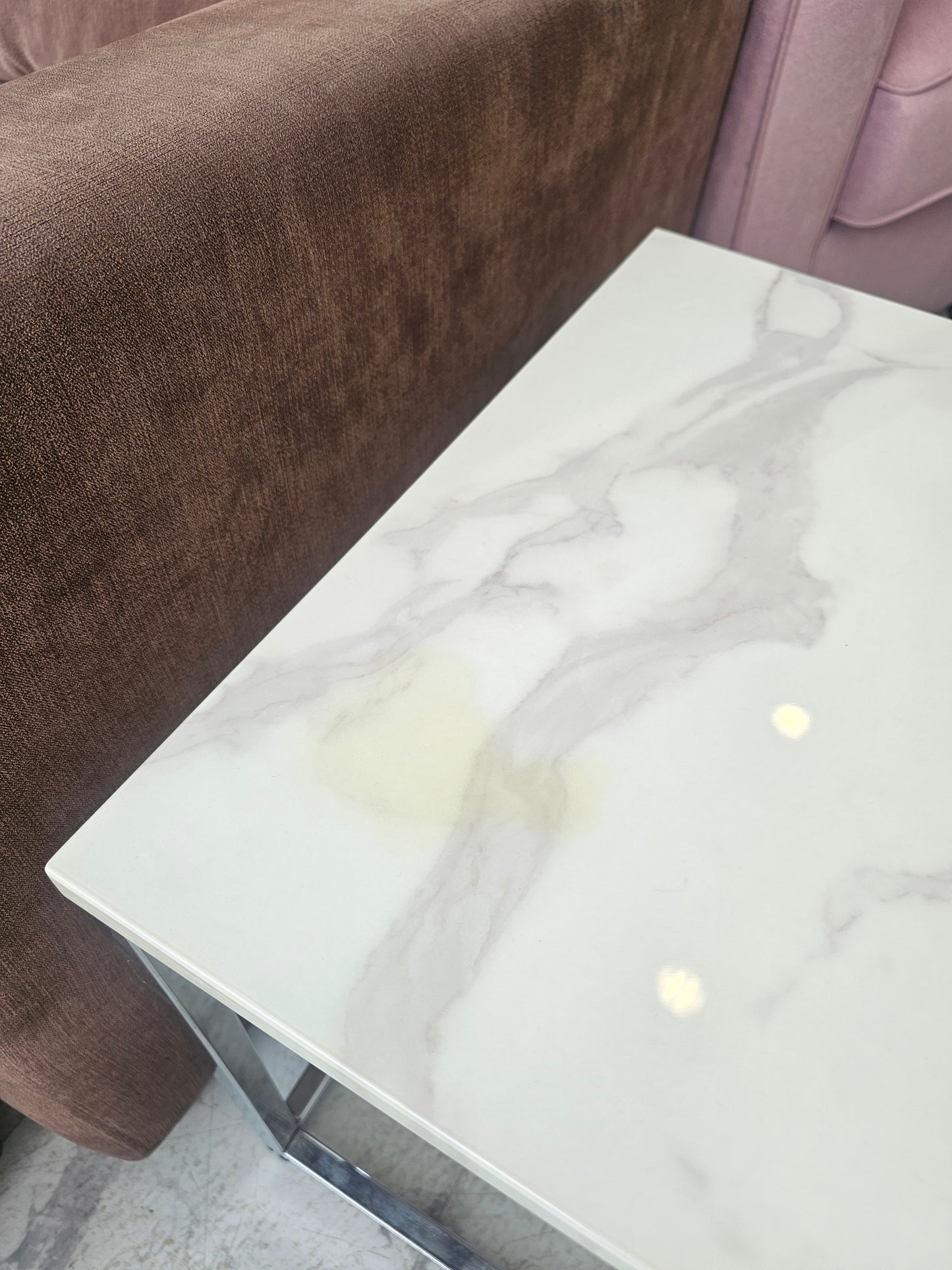 Marble Effect & Chrome Side Table (stain in corner)
