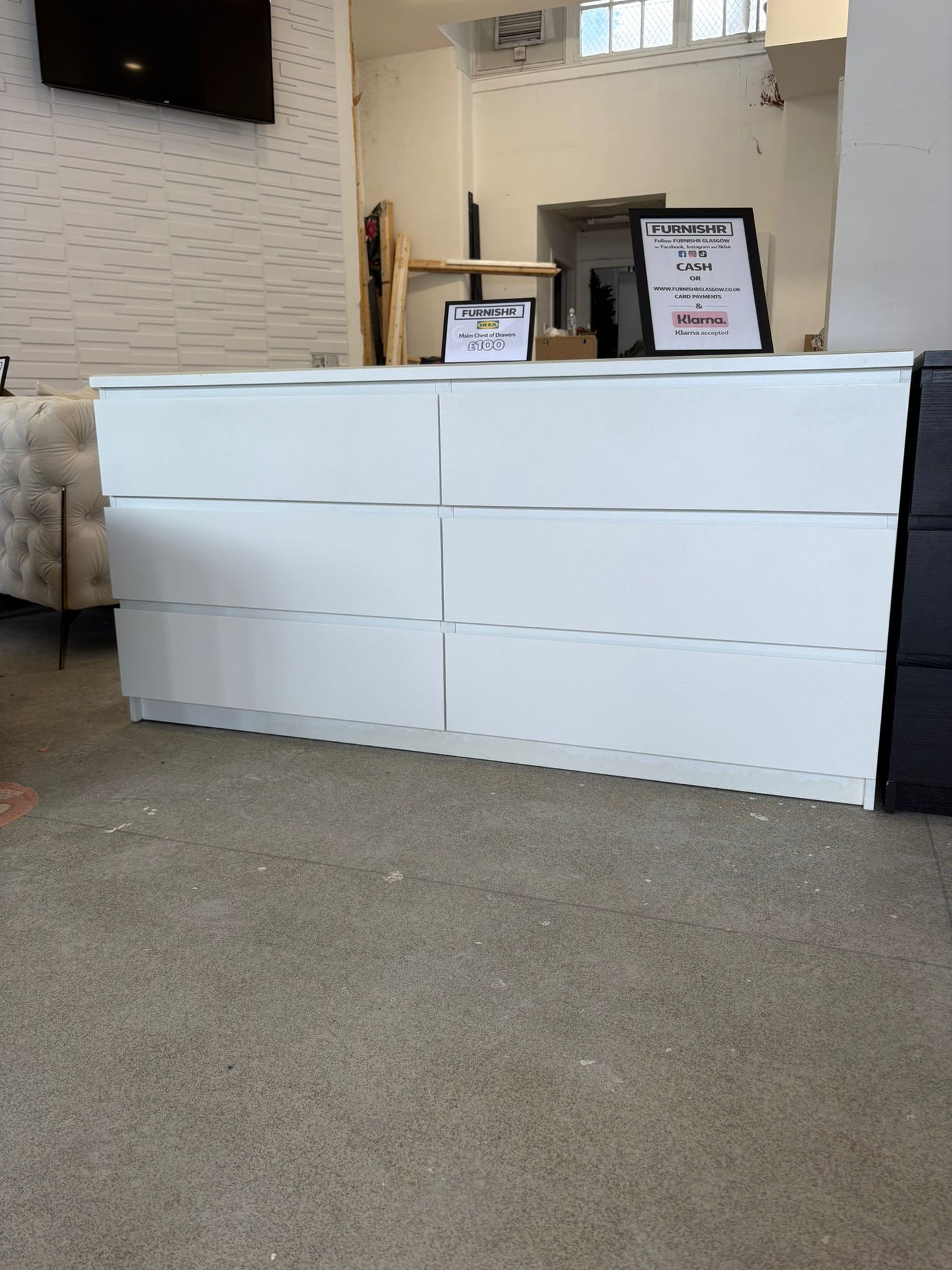 Ikea Malm White 6 Drawer Chest with Glass Top T