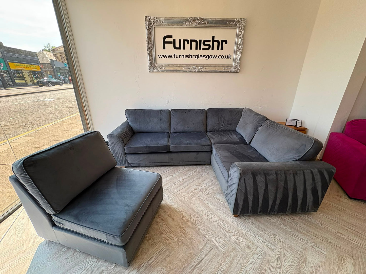 DFS Orka Large Corner Sofa, with removable extra section, in Denim Blue Sensual Velvet #
