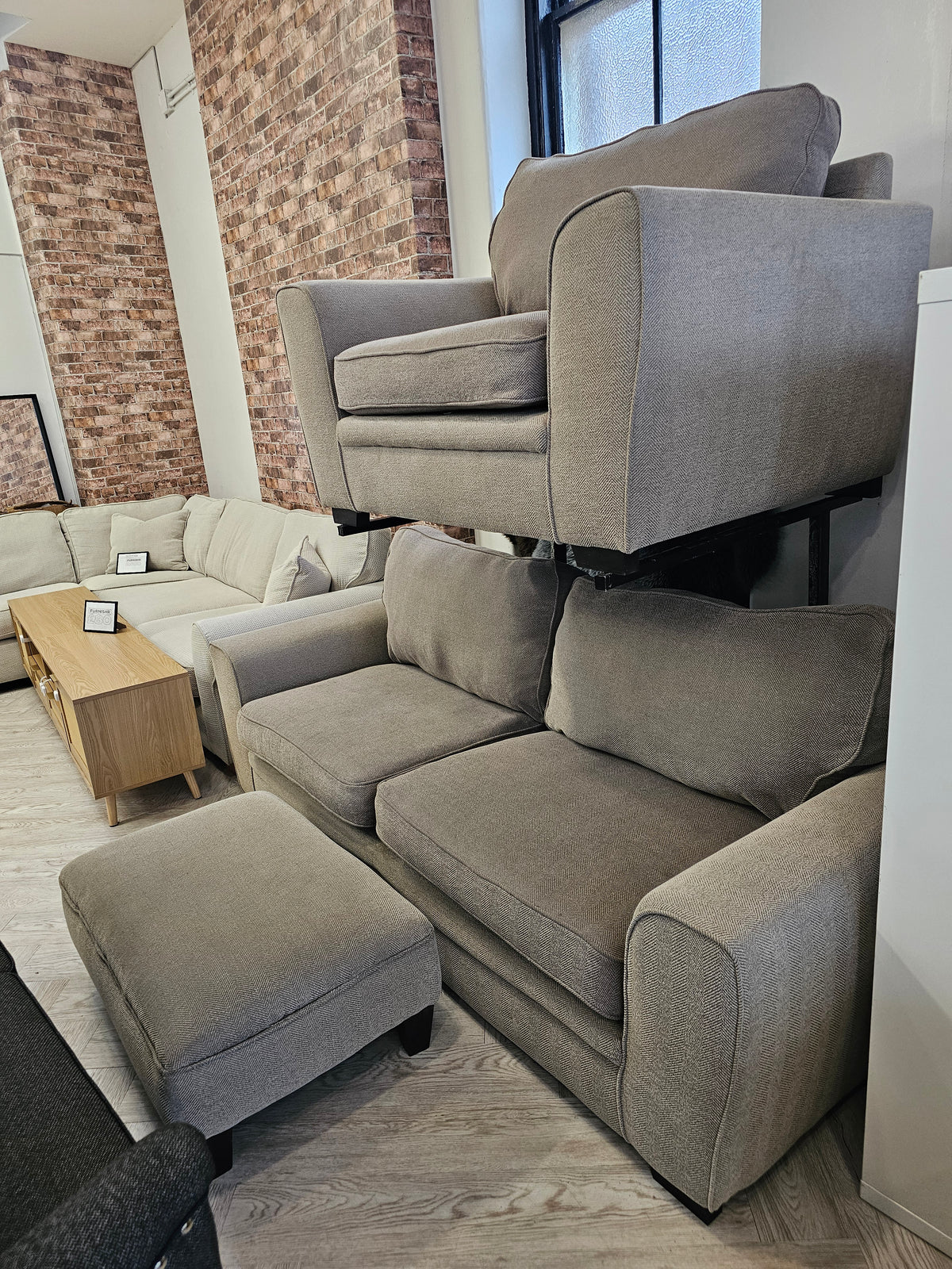 CLEARANCE Sofology Chalfont 3 Seater Sofa, Chair & Footstool in Beige/Taupe @