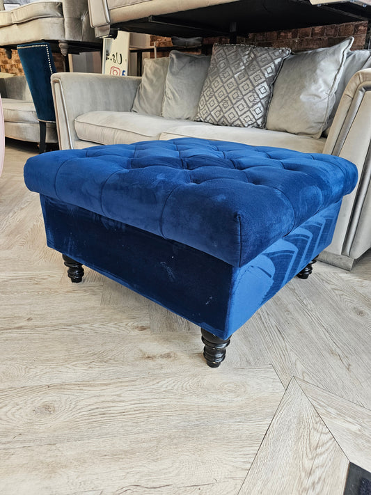 Large Blue Velvet Ottoman Footstool 80cm by 80cm by 45cm @