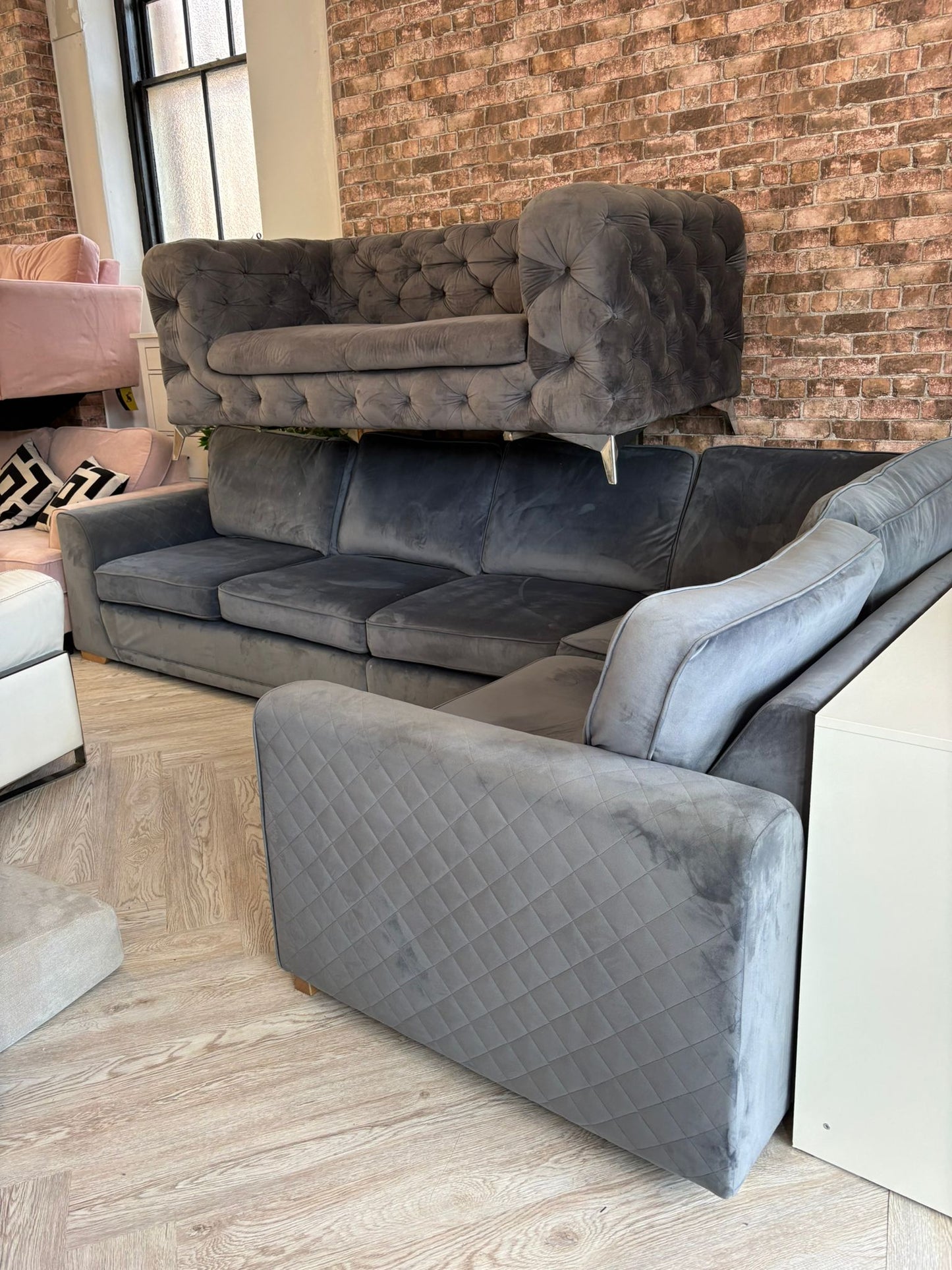 DFS Orka 4 Seater Corner Sofa in Sensual Velvet (Denim Grey/Blue Colour) #