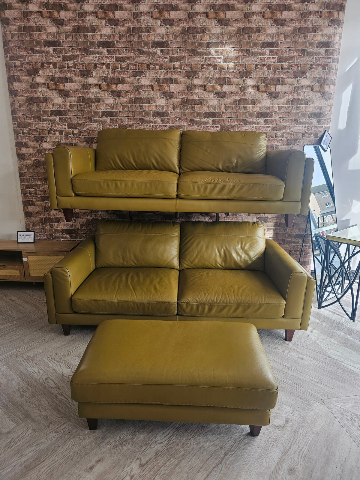 Olive Green Premium Italian Leather 2x3 Seater Sofas & Footstool *RRP £4000 @