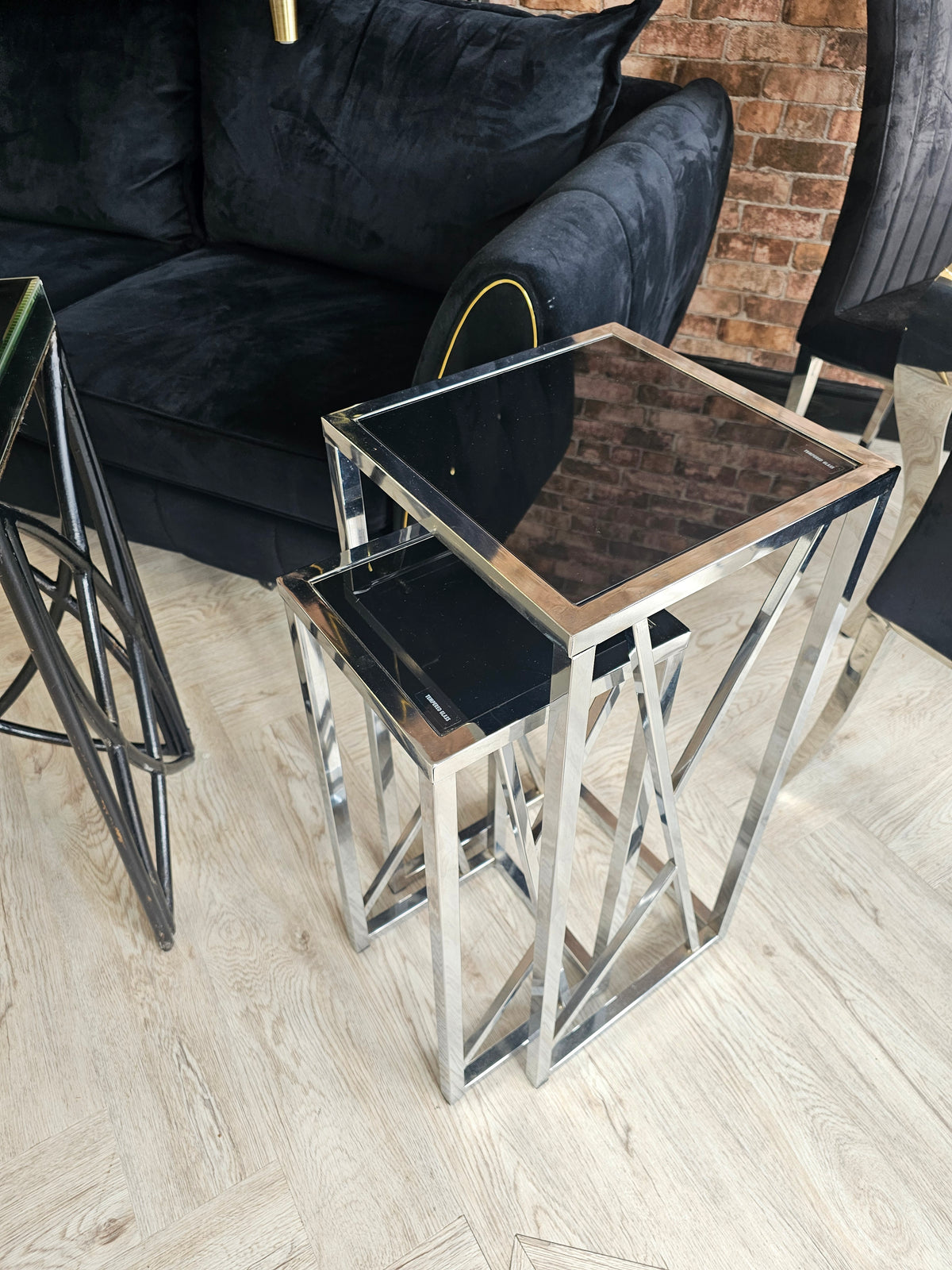 Tall Side Tables/ Plant Stands in Chrome & Black Glass @