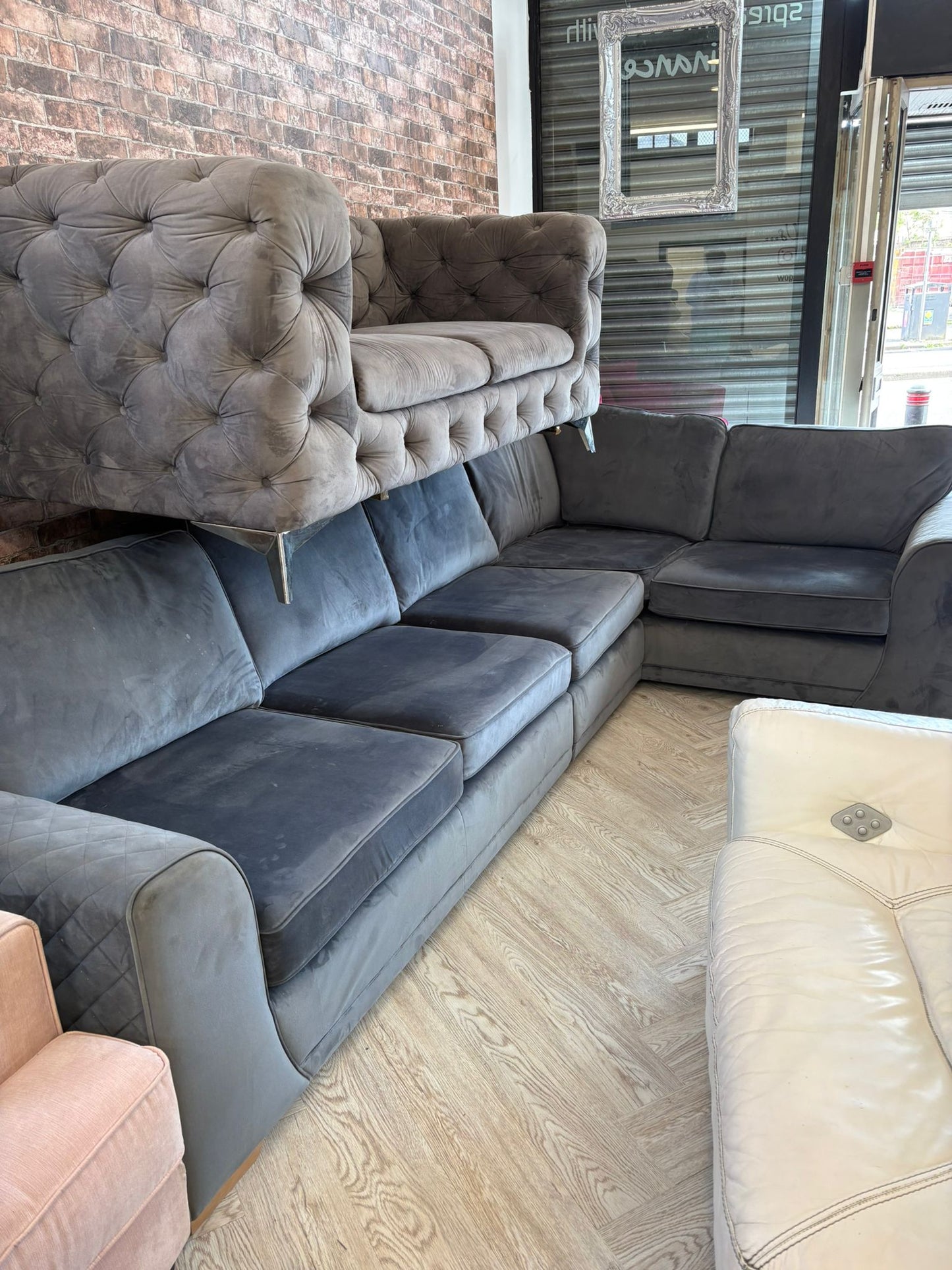 DFS Orka 4 Seater Corner Sofa in Sensual Velvet (Denim Grey/Blue Colour) #
